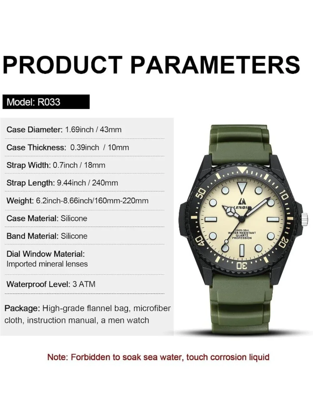 Men's Green Yellow Analog Quartz Leather Waterproof Luminous Luxury Casual Watch